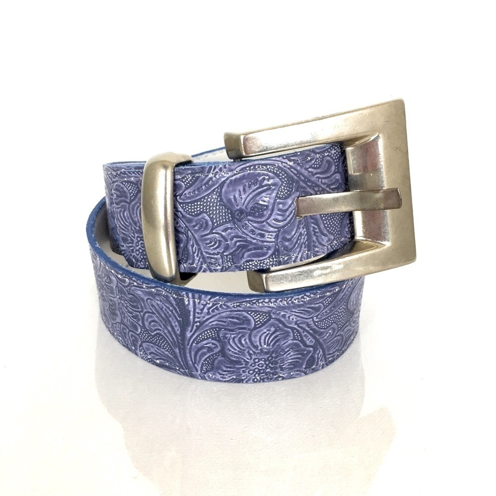 Sky Blue Faux Tooled Leather Western Cowgirl Belt Silver Chunky Square Buckle